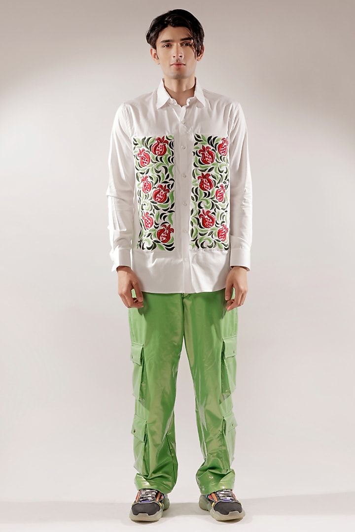 White Cotton lycra Pomegranate Quilted & Hand Embroidered Wedding Shirt by Jubinav Chadha Men at Pernia's Pop Up Shop
