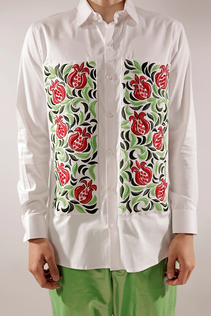 White Cotton lycra Pomegranate Quilted & Hand Embroidered Wedding Shirt by Jubinav Chadha Men at Pernia's Pop Up Shop