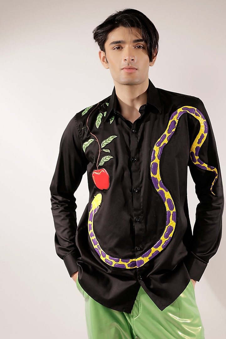 Black Cotton Lycra Quilted Snake & Apple Wedding Shirt by Jubinav Chadha Men at Pernia's Pop Up Shop