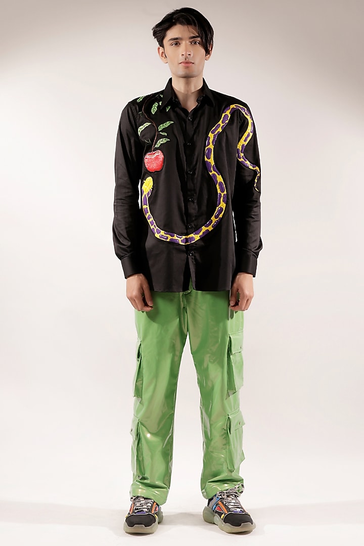 Black Cotton Lycra Quilted Snake & Apple Wedding Shirt by Jubinav Chadha Men at Pernia's Pop Up Shop