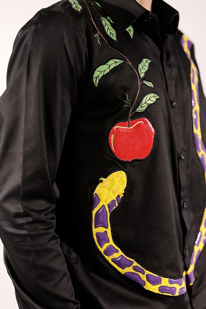 Black Cotton Lycra Quilted Snake & Apple Wedding Shirt by Jubinav Chadha Men at Pernia's Pop Up Shop