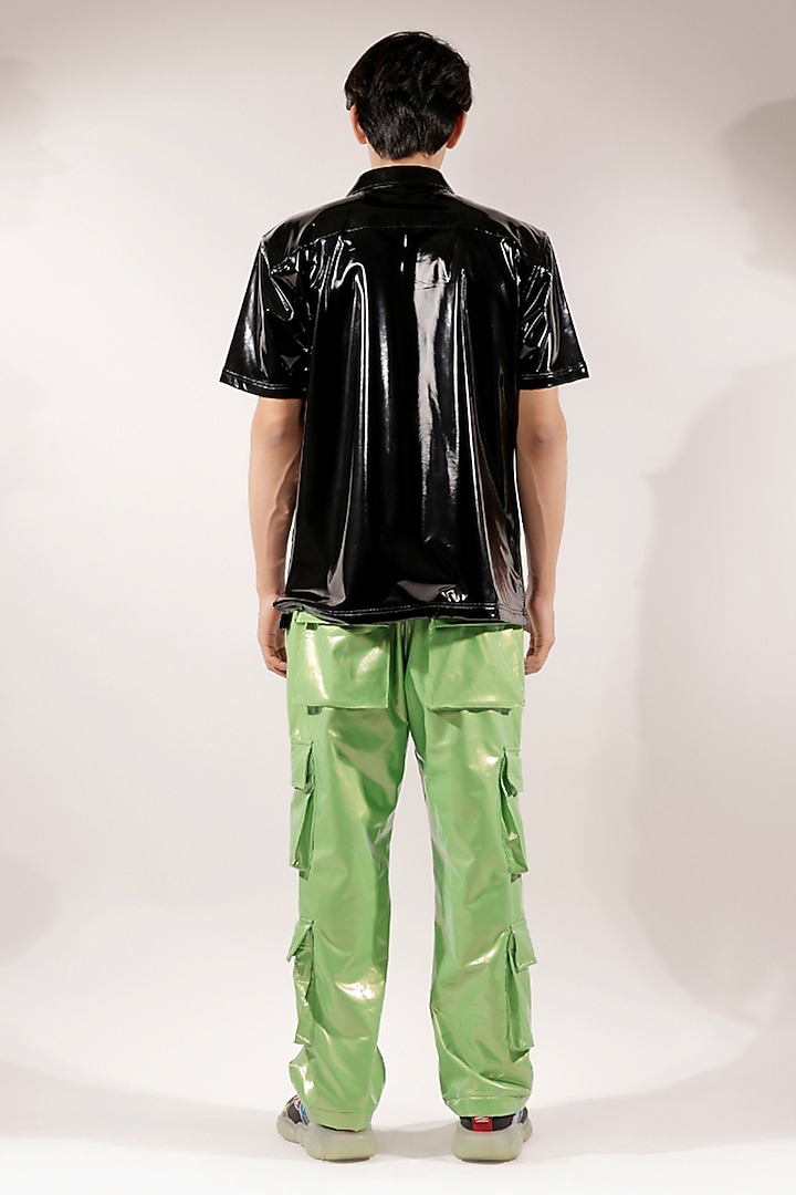 Black Rubber Coated Jersey Oversized Wedding Shirt by Jubinav Chadha Men at Pernia's Pop Up Shop