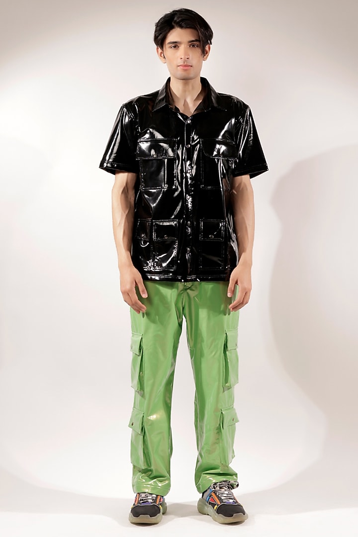 Black Rubber Coated Jersey Oversized Wedding Shirt by Jubinav Chadha Men at Pernia's Pop Up Shop