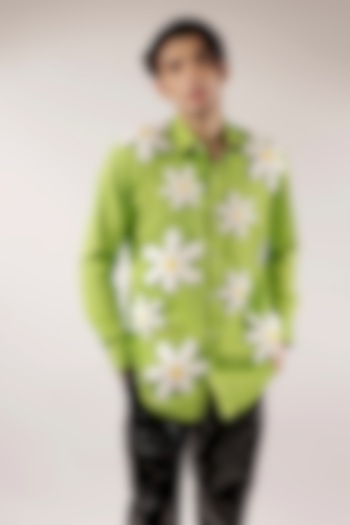 Green Cotton Lycra Quilted Floral Wedding Shirt by Jubinav Chadha Men at Pernia's Pop Up Shop