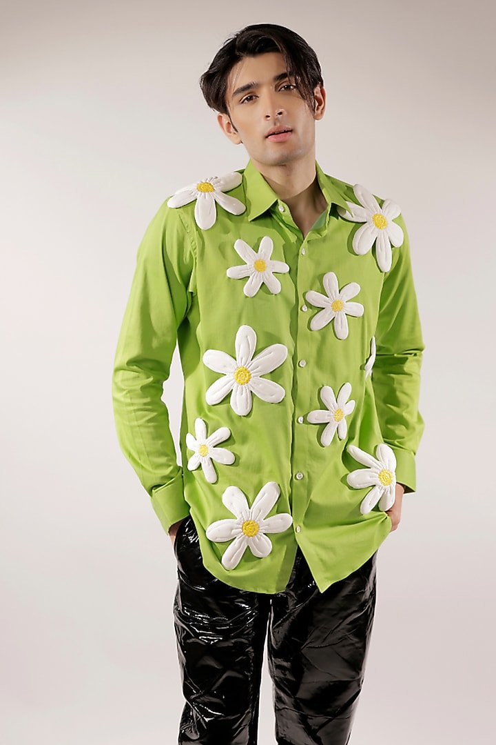 Green Cotton Lycra Quilted Floral Wedding Shirt by Jubinav Chadha Men at Pernia's Pop Up Shop
