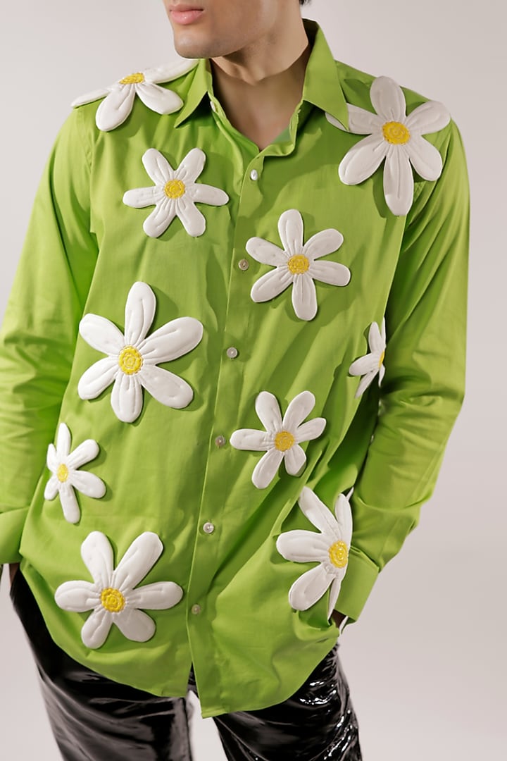 Green Cotton Lycra Quilted Floral Wedding Shirt by Jubinav Chadha Men at Pernia's Pop Up Shop