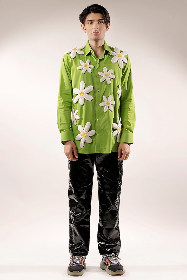 Green Cotton Lycra Quilted Floral Wedding Shirt by Jubinav Chadha Men at Pernia's Pop Up Shop