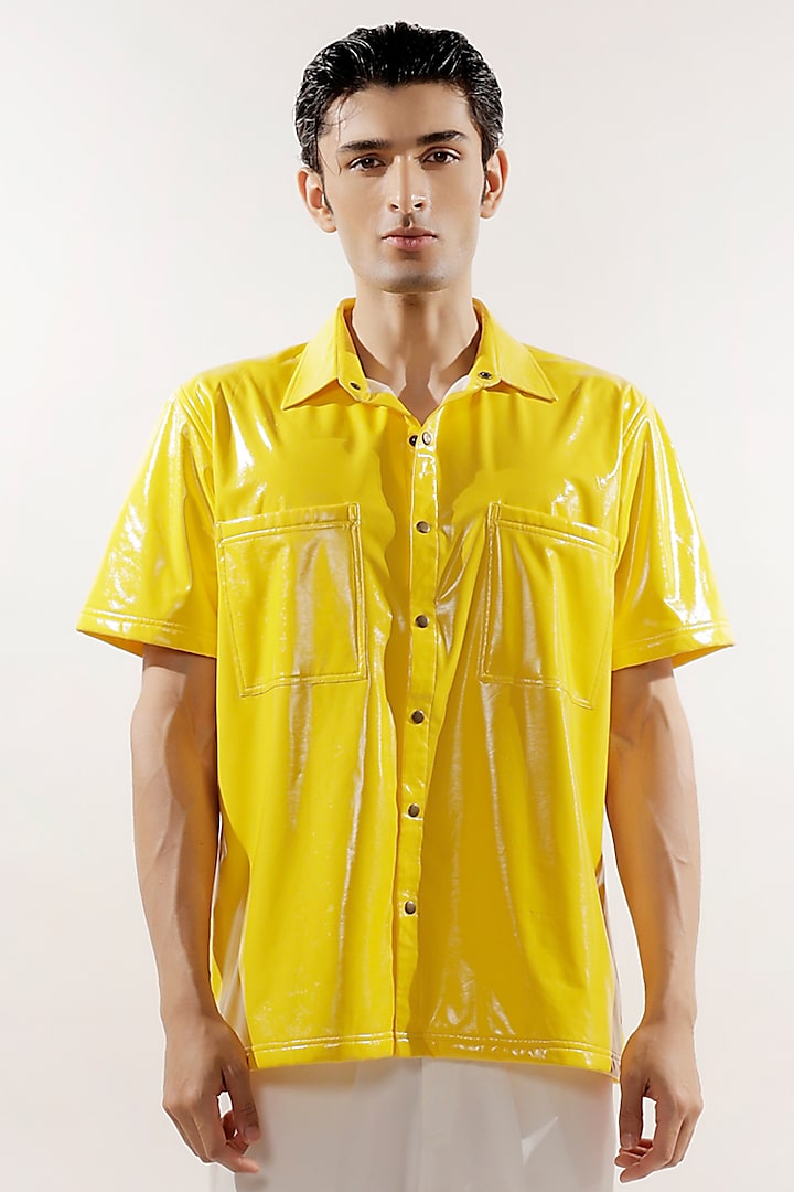 Yellow Rubber Coated Jersey Oversized Shirt by Jubinav Chadha Men