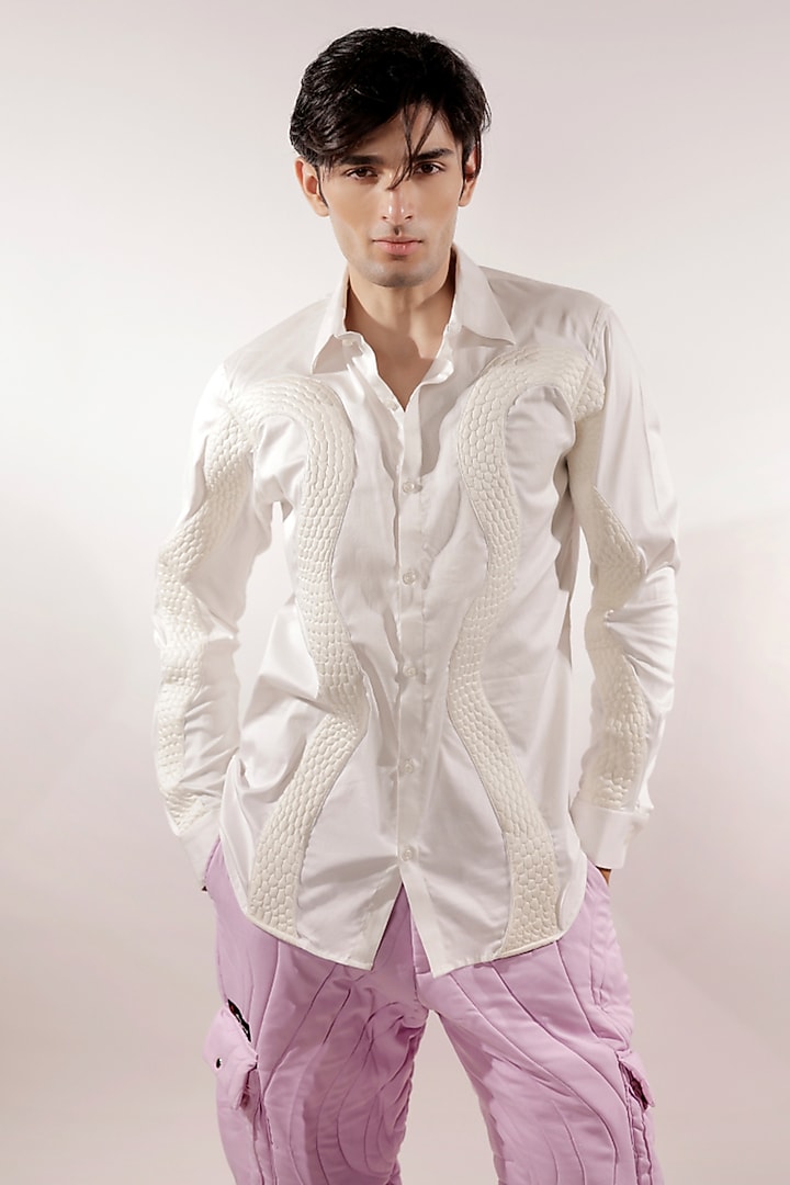 White Cotton Lycra Quilted Snake Wedding Shirt by Jubinav Chadha Men at Pernia's Pop Up Shop