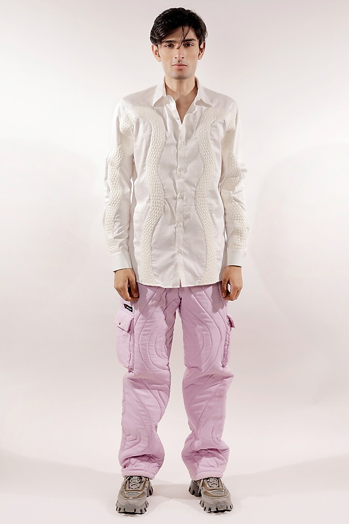 White Cotton Lycra Quilted Snake Wedding Shirt by Jubinav Chadha Men at Pernia's Pop Up Shop