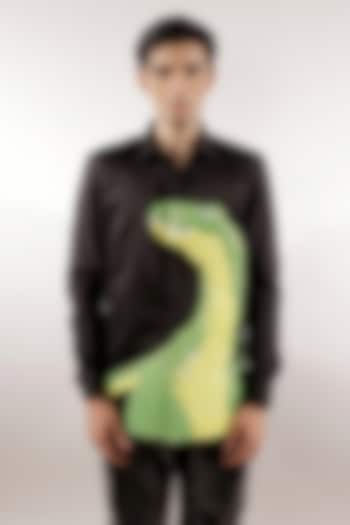 Black Cotton Lycra Quilted Dinosaur Wedding Shirt by Jubinav Chadha Men at Pernia's Pop Up Shop