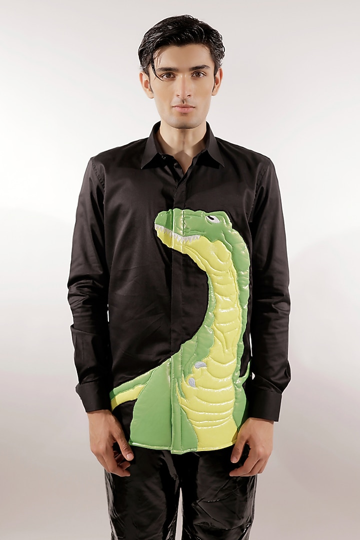 Black Cotton Lycra Quilted Dinosaur Wedding Shirt by Jubinav Chadha Men at Pernia's Pop Up Shop