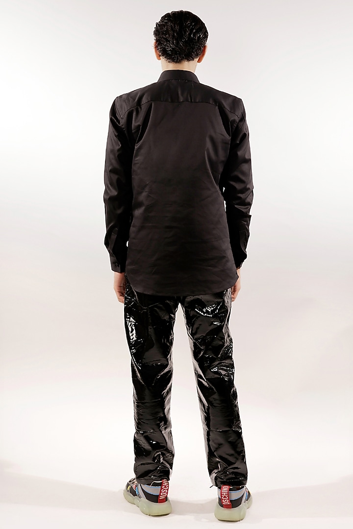 Black Cotton Lycra Quilted Dinosaur Wedding Shirt by Jubinav Chadha Men at Pernia's Pop Up Shop