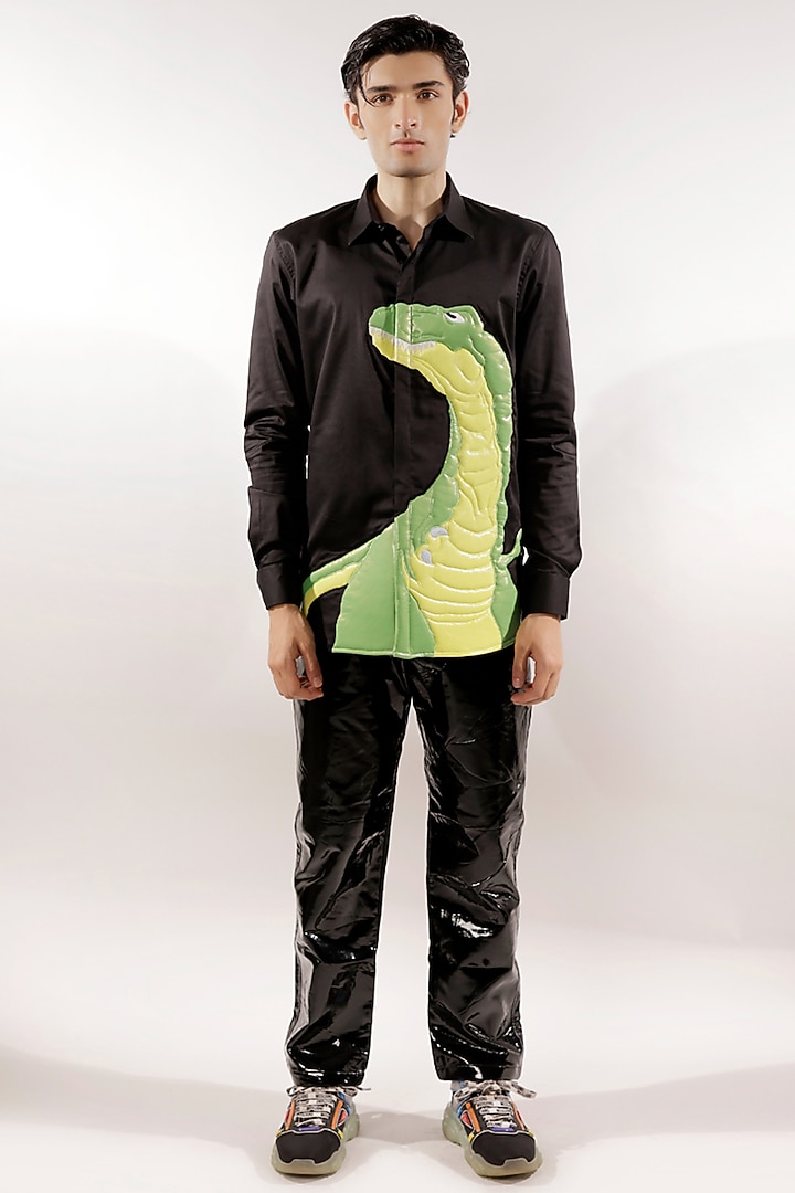 Black Cotton Lycra Quilted Dinosaur Wedding Shirt by Jubinav Chadha Men at Pernia's Pop Up Shop