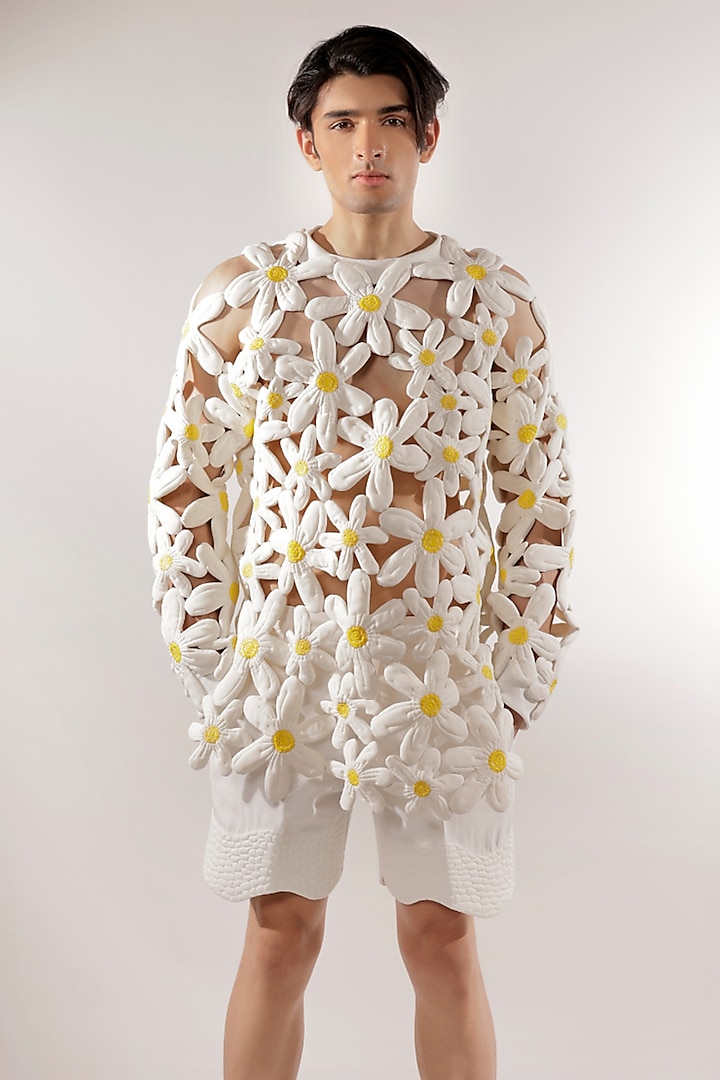 White Crepe Lycra 3D Quilted Floral Sweatshirt by Jubinav Chadha Men