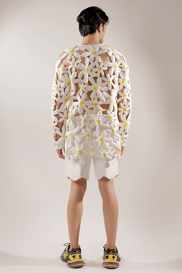 White Crepe Lycra 3D Quilted Floral Sweatshirt by Jubinav Chadha Men at Pernia's Pop Up Shop