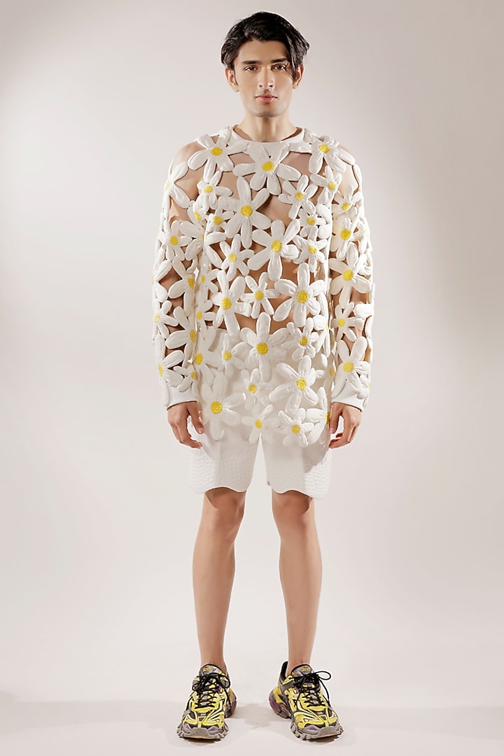 White Crepe Lycra 3D Quilted Floral Sweatshirt by Jubinav Chadha Men at Pernia's Pop Up Shop