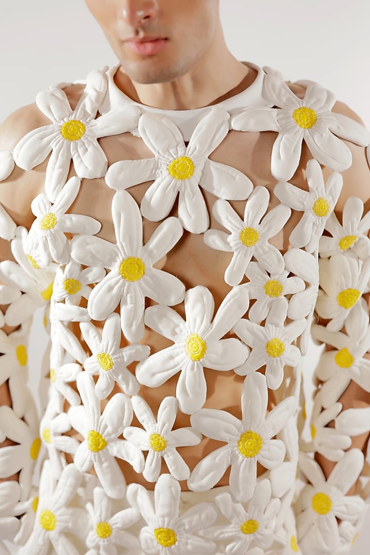White Crepe Lycra 3D Quilted Floral Sweatshirt by Jubinav Chadha Men at Pernia's Pop Up Shop