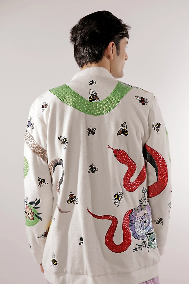 White Fleece Flower & Bees Sequins Hand Embroidered Jacket by Jubinav Chadha Men at Pernia's Pop Up Shop