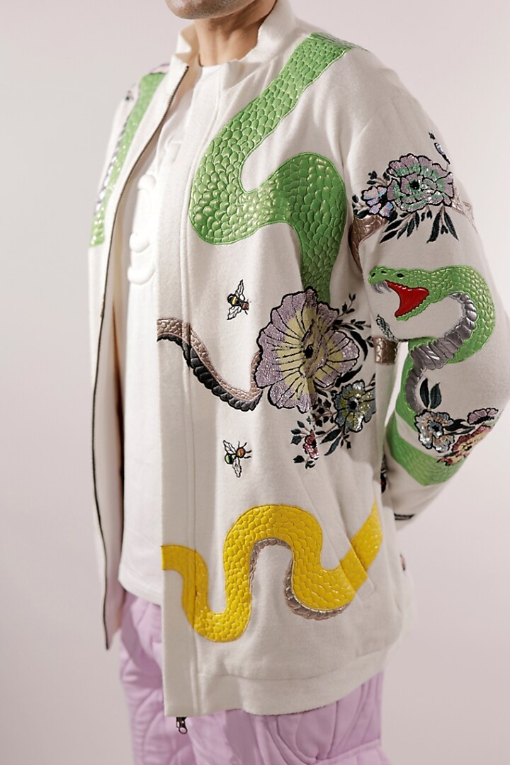 White Fleece Flower & Bees Sequins Hand Embroidered Jacket by Jubinav Chadha Men at Pernia's Pop Up Shop