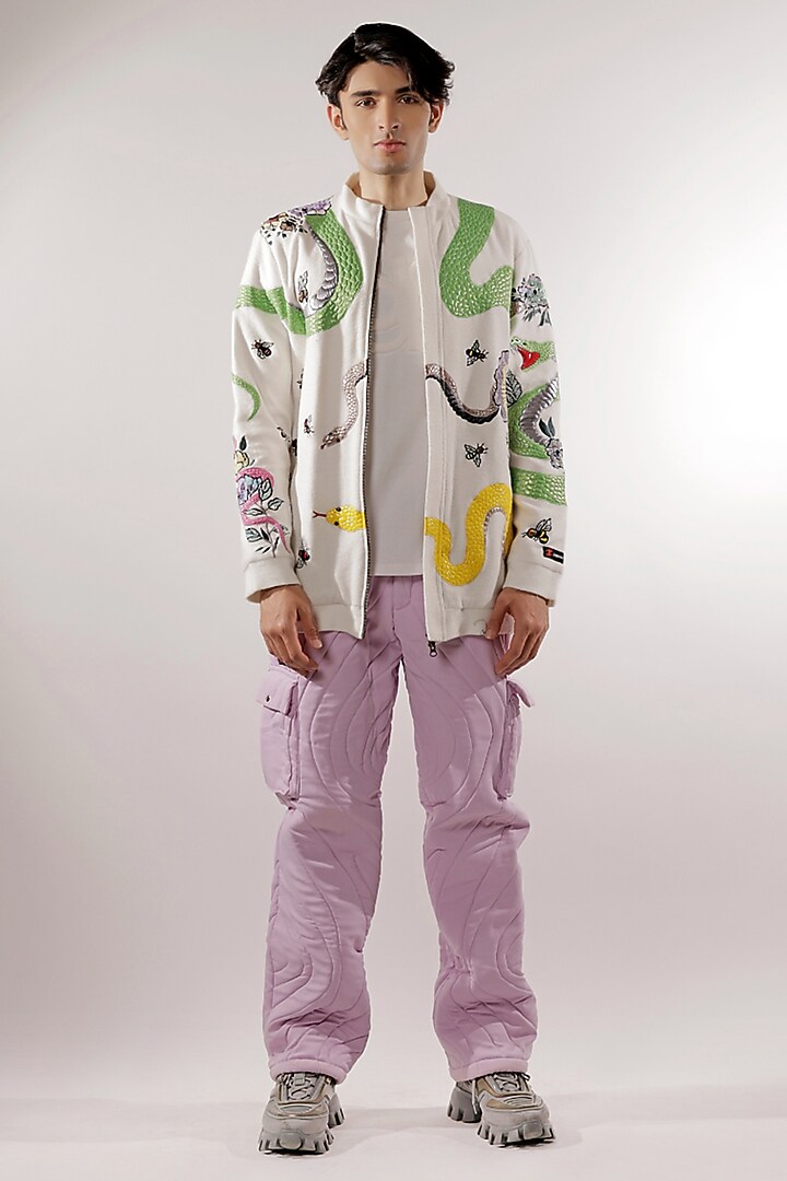 White Fleece Flower & Bees Sequins Hand Embroidered Jacket by Jubinav Chadha Men at Pernia's Pop Up Shop