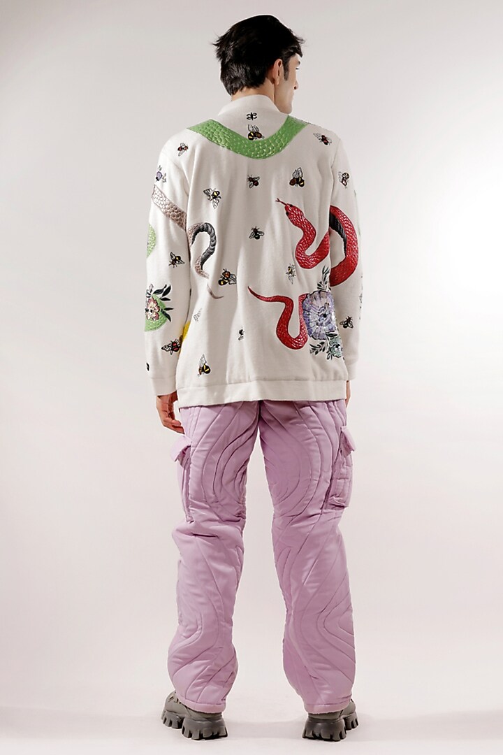 White Fleece Flower & Bees Sequins Hand Embroidered Jacket by Jubinav Chadha Men at Pernia's Pop Up Shop