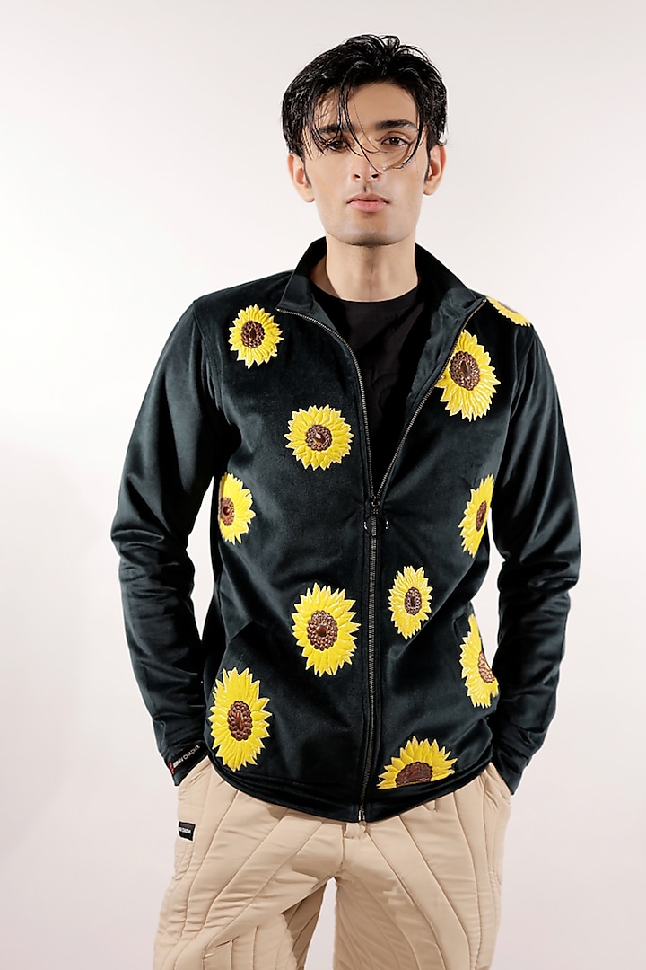 Bottle Green Italian Velvet Quilted Sunflower Jacket by Jubinav Chadha Men