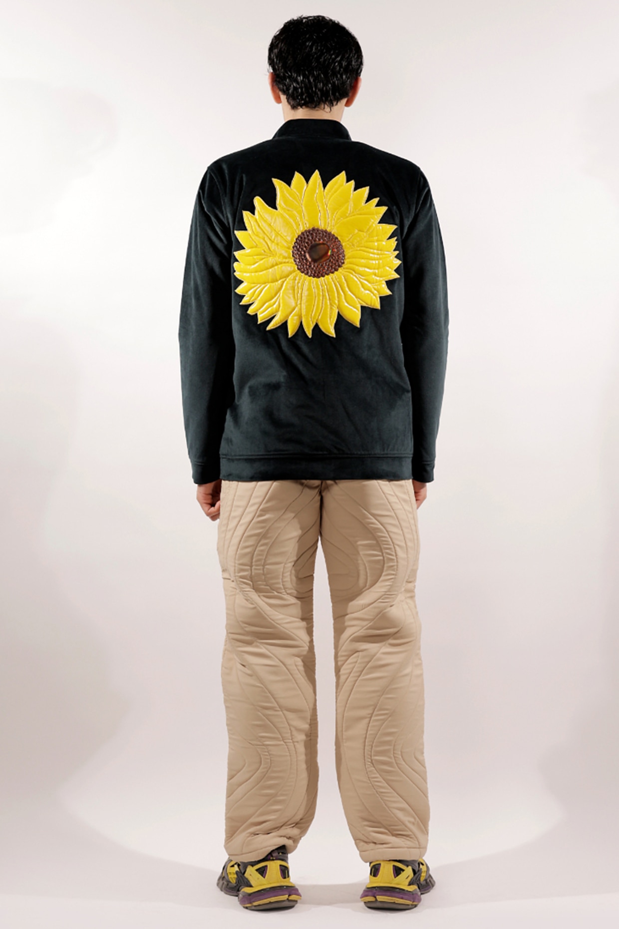 Bottle Green Italian Velvet Quilted Sunflower Jacket by Jubinav