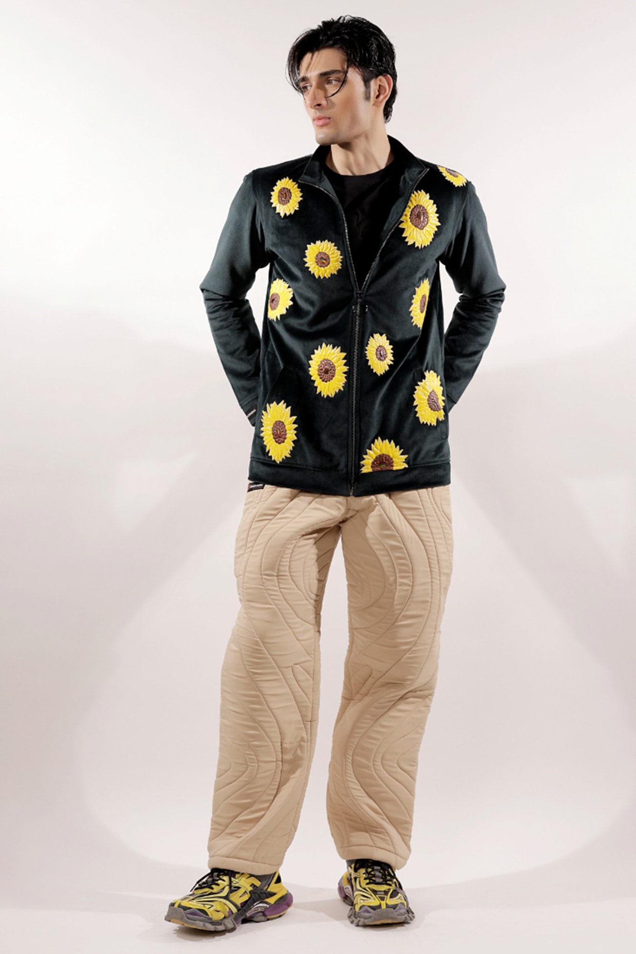 Bottle Green Italian Velvet Quilted Sunflower Jacket by Jubinav