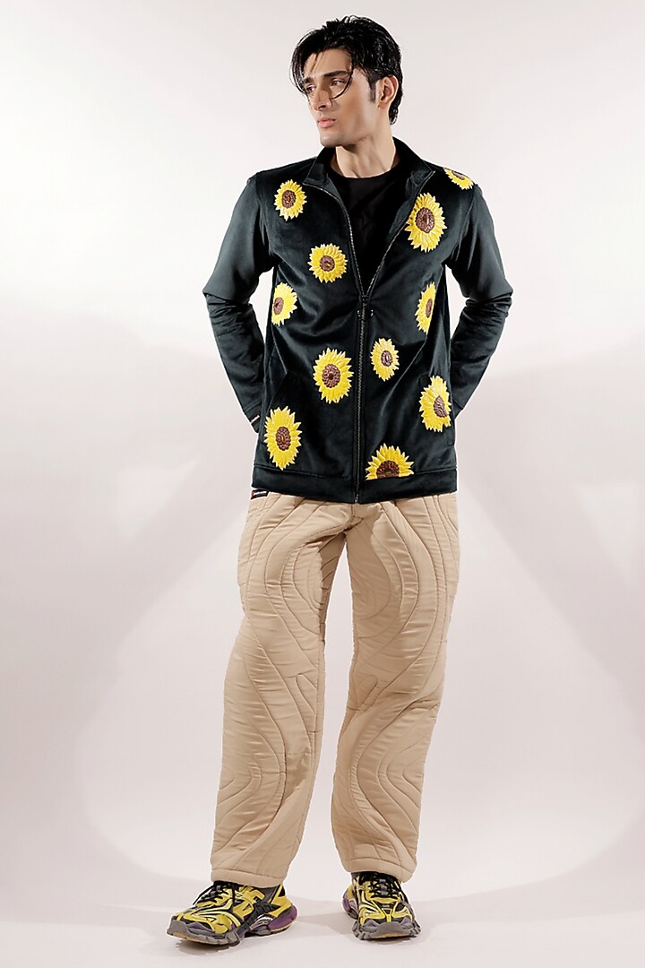 Bottle Green Italian Velvet Quilted Sunflower Jacket by Jubinav Chadha Men at Pernia's Pop Up Shop