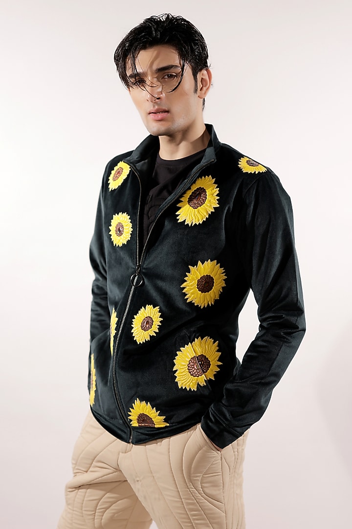 Bottle Green Italian Velvet Quilted Sunflower Jacket by Jubinav Chadha Men at Pernia's Pop Up Shop