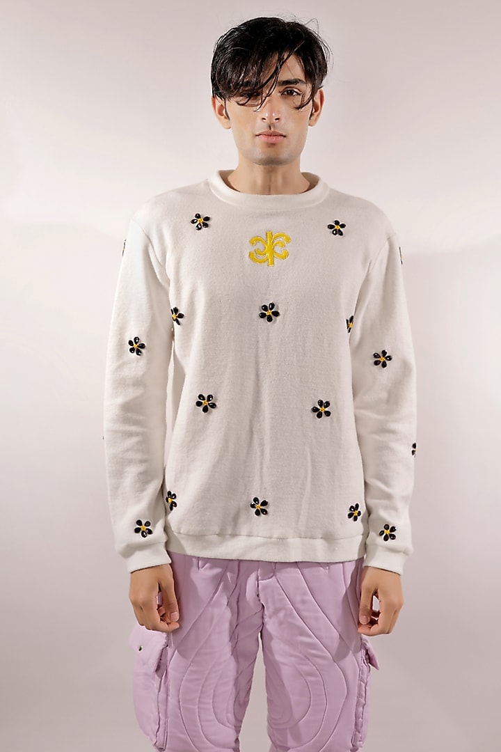 White Fleece Gem Embellished Sweatshirt by Jubinav Chadha Men