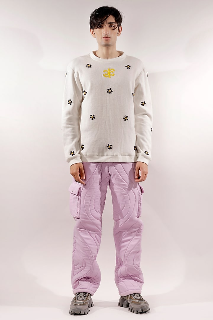 White Fleece Gem Embellished Sweatshirt by Jubinav Chadha Men at Pernia's Pop Up Shop