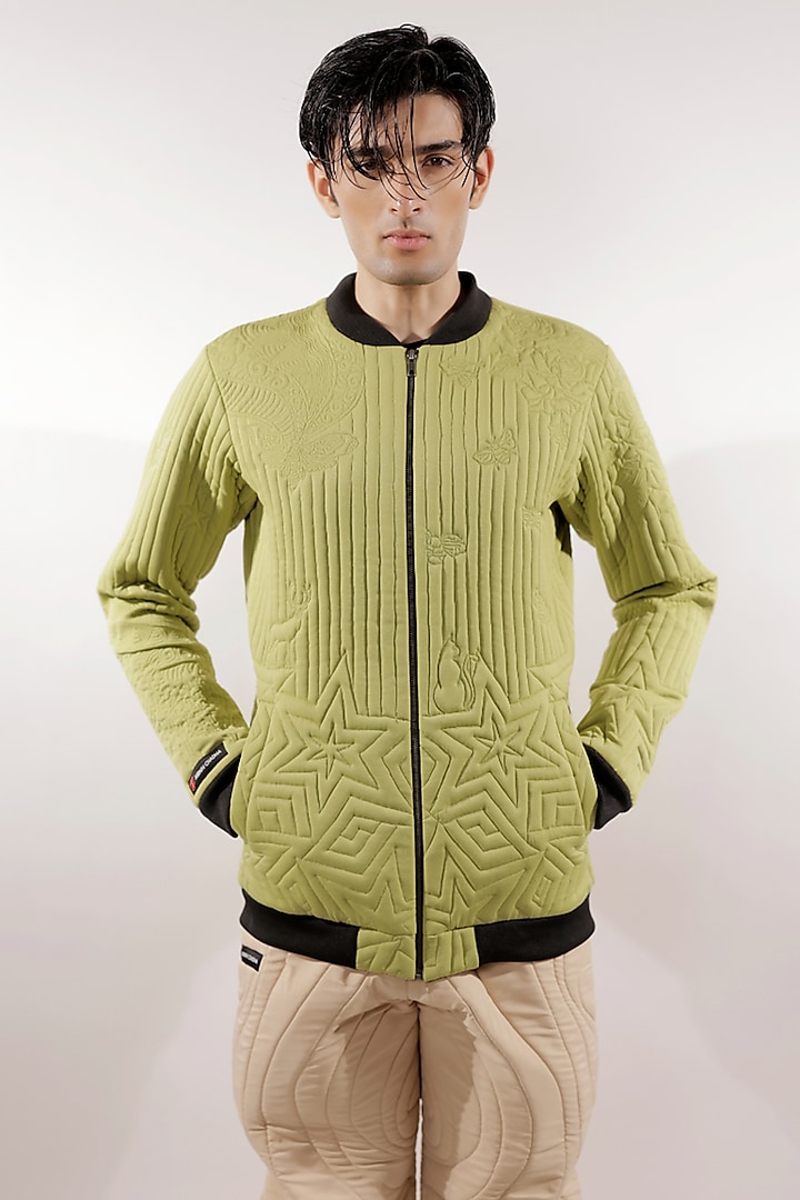 Green Crepe Lycra Monochrome Quilted Jacket by Jubinav Chadha Men