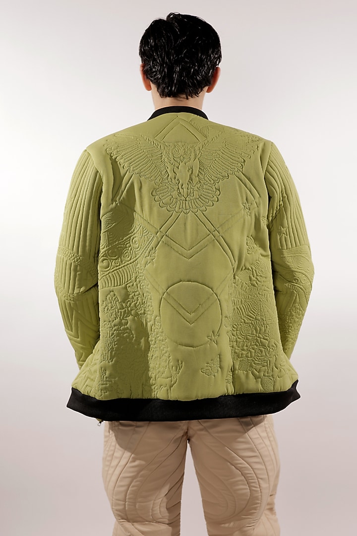 Green Crepe Lycra Monochrome Quilted Jacket by Jubinav Chadha Men at Pernia's Pop Up Shop