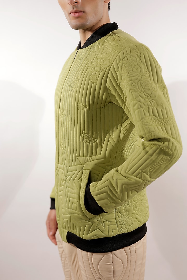 Green Crepe Lycra Monochrome Quilted Jacket by Jubinav Chadha Men at Pernia's Pop Up Shop