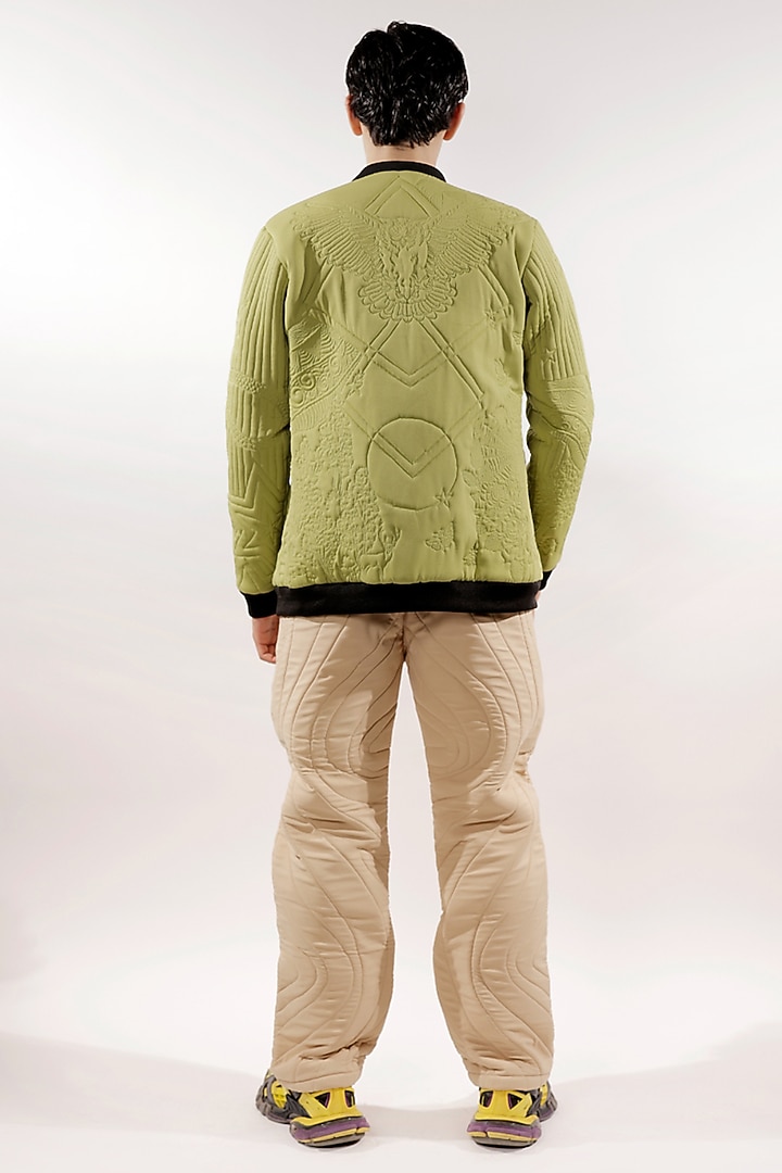 Green Crepe Lycra Monochrome Quilted Jacket by Jubinav Chadha Men at Pernia's Pop Up Shop