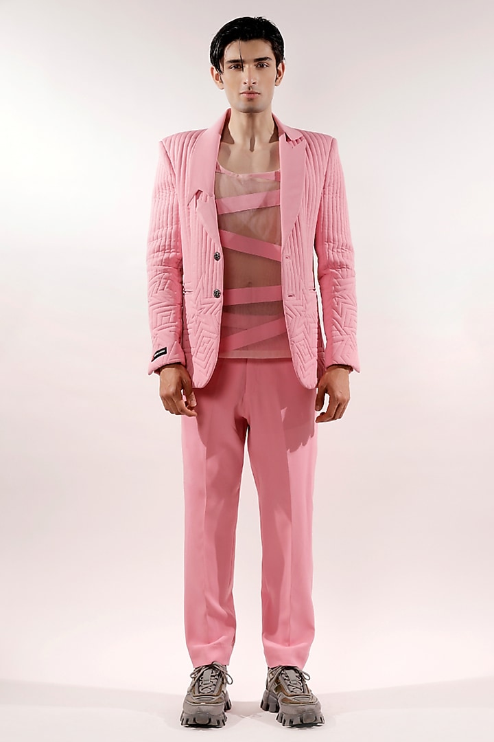 Pink Crepe Lycra Blazer Set by Jubinav Chadha Men at Pernia's Pop Up Shop