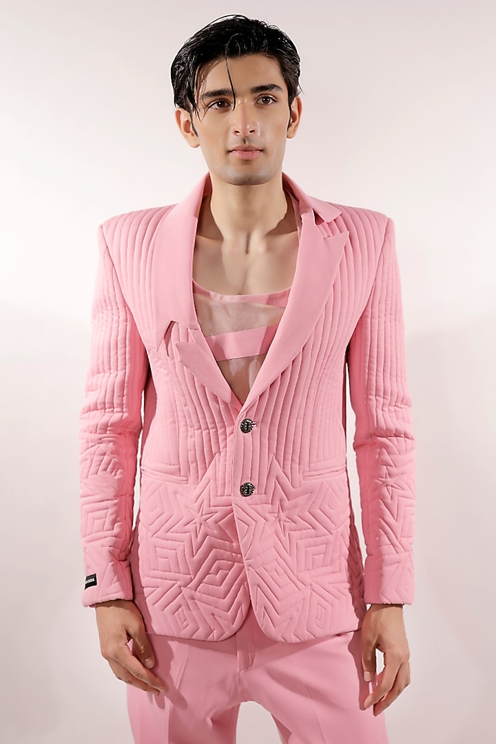 Pink Crepe Lycra Blazer Set by Jubinav Chadha Men at Pernia's Pop Up Shop