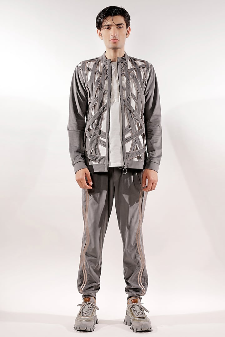 Grey Italian Velvet Weaved Jacket Set by Jubinav Chadha Men