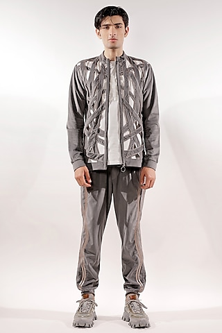 Grey Italian Velvet Weaved Jacket Set by Jubinav Chadha Men