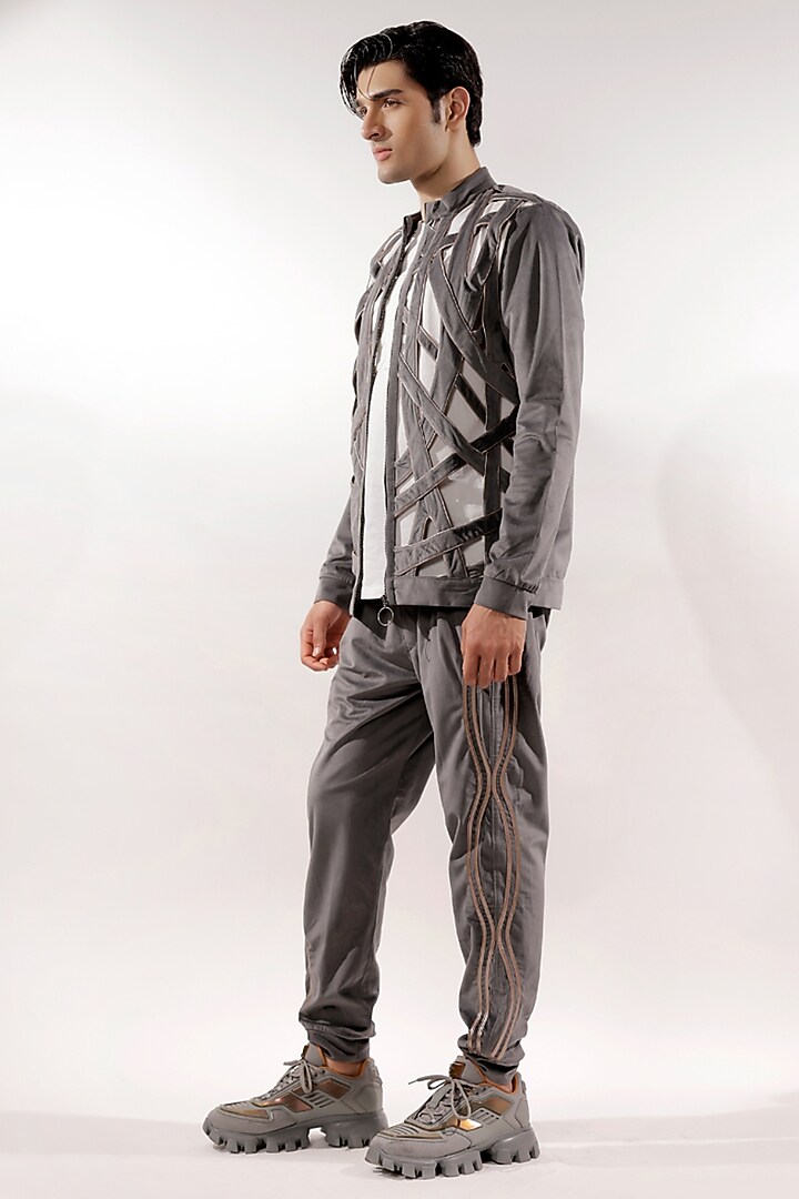 Grey Italian Velvet Weaved Jacket Set by Jubinav Chadha Men at Pernia's Pop Up Shop