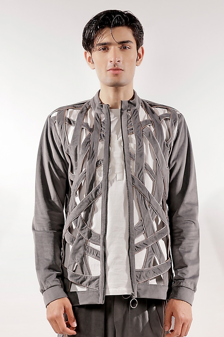 Grey Italian Velvet Weaved Jacket Set by Jubinav Chadha Men at Pernia's Pop Up Shop