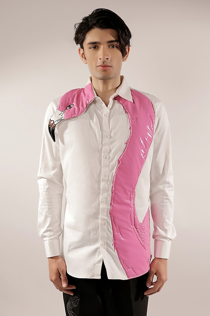 White Cotton Lycra Quilted Flamingo Wedding Shirt by Jubinav Chadha Men at Pernia's Pop Up Shop