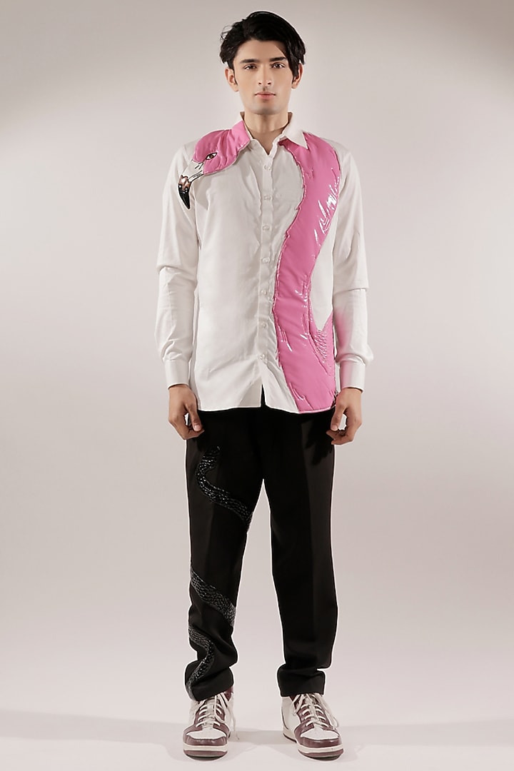 White Cotton Lycra Quilted Flamingo Wedding Shirt by Jubinav Chadha Men at Pernia's Pop Up Shop