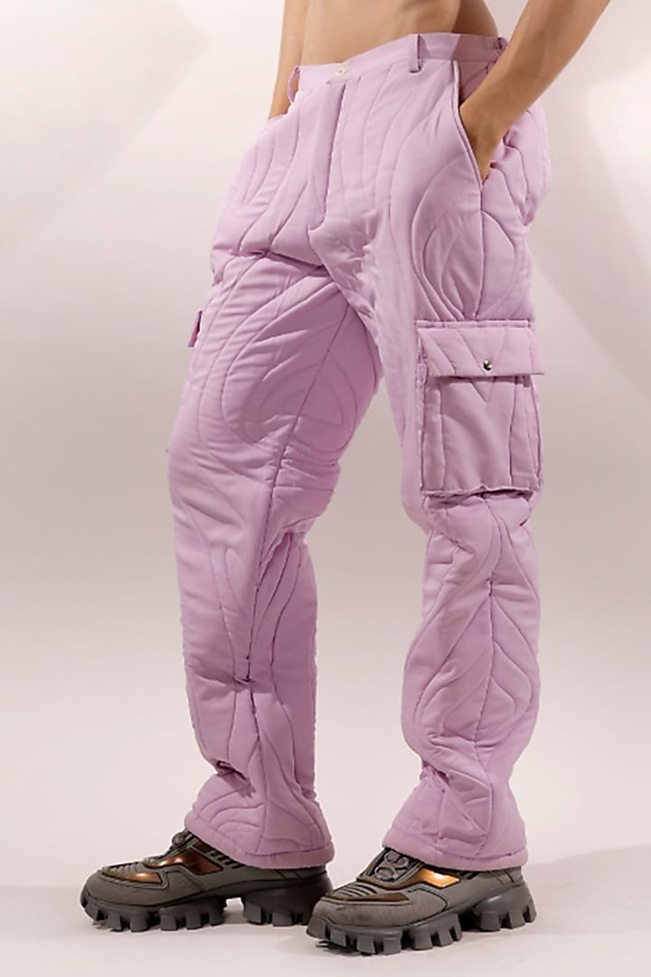 Lilac Reverse Satin Cargo Pants by Jubinav Chadha Men at Pernia's Pop Up Shop