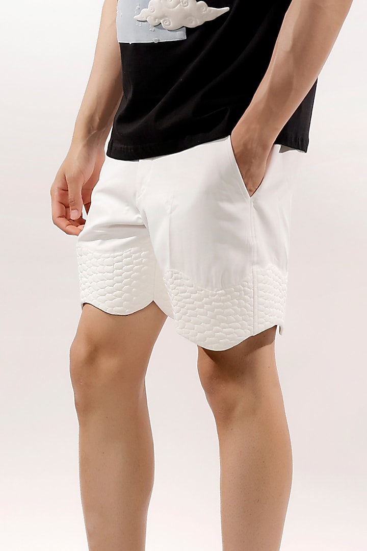 White Crepe Lycra Quilted Shorts by Jubinav Chadha Men at Pernia's Pop Up Shop