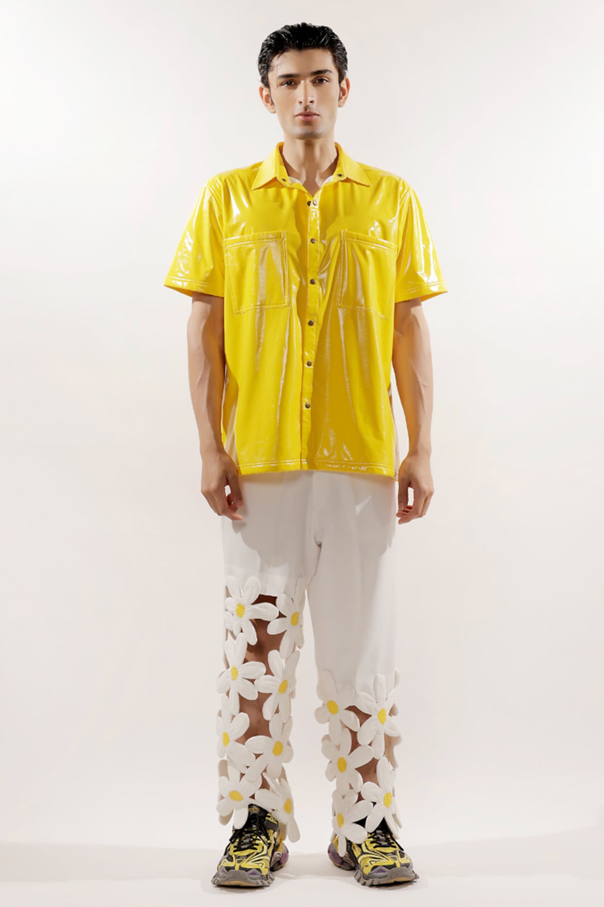 White Crepe Lycra 3D Quilted Floral Pants by Jubinav Chadha Men at