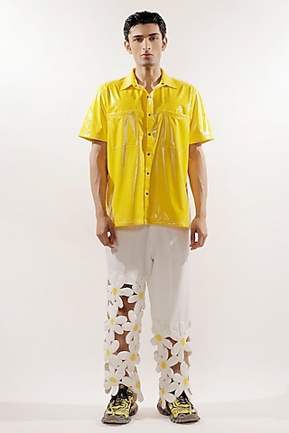 White Crepe Lycra 3D Quilted Floral Pants by Jubinav Chadha Men