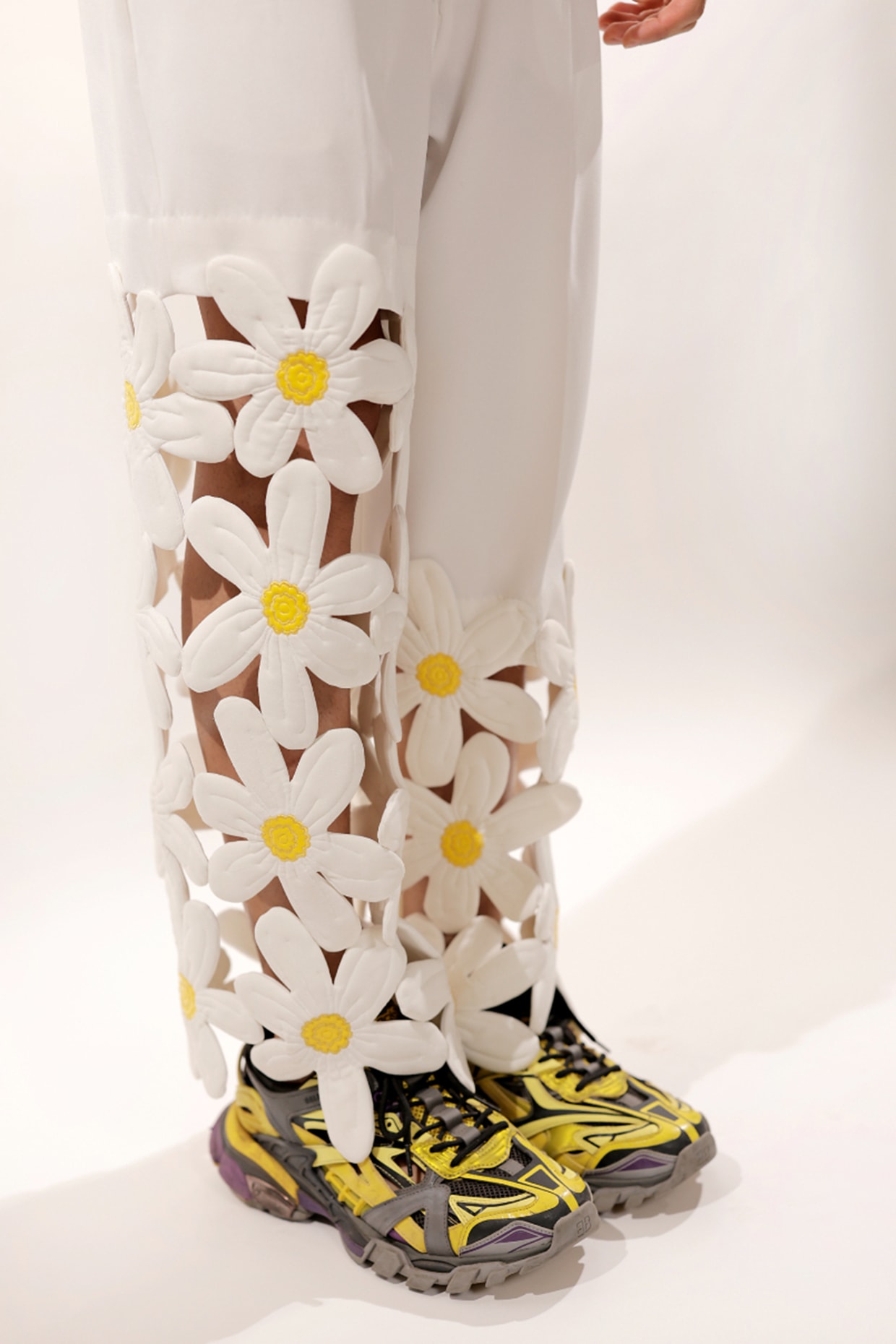 White Crepe Lycra 3D Quilted Floral Pants by Jubinav Chadha Men at